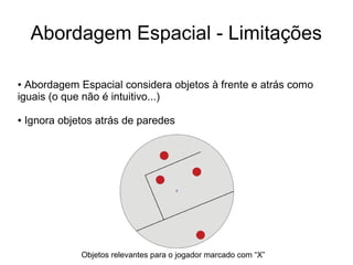 Abordagem Espacial - Limitações
● Abordagem Espacial considera objetos à frente e atrás como
iguais (o que não é intuitivo...)
● Ignora objetos atrás de paredes
Objetos relevantes para o jogador marcado com “X”
 