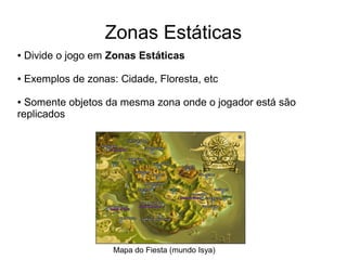 Zonas Estáticas
● Divide o jogo em Zonas Estáticas
● Exemplos de zonas: Cidade, Floresta, etc
● Somente objetos da mesma zona onde o jogador está são
replicados
Mapa do Fiesta (mundo Isya)
 