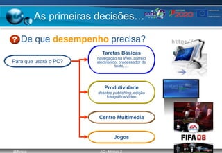@ffaísca AC - Módulo 2 11
As primeiras decisões…
• De que desempenho precisa?
Para que usará o PC?
Tarefas Básicas
navegação na Web, correio
electrónico, processador de
texto,…
Produtividade
desktop publishing, edição
fotográfica/vídeo
Centro Multimédia
Jogos
 