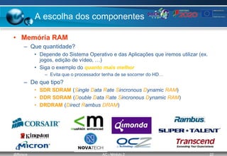 @ffaísca AC - Módulo 2 22
A escolha dos componentes
• Memória RAM
– Que quantidade?
• Depende do Sistema Operativo e das Aplicações que iremos utilizar (ex.
jogos, edição de vídeo, …)
• Siga o exemplo do quanto mais melhor
– Evita que o processador tenha de se socorrer do HD…
– De que tipo?
• SDR SDRAM (Single Data Rate Sincronous Dynamic RAM)
• DDR SDRAM (Double Data Rate Sincronous Dynamic RAM)
• DRDRAM (Direct Rambus DRAM)
 