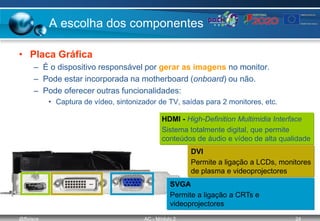@ffaísca AC - Módulo 2 24
A escolha dos componentes
• Placa Gráfica
– É o dispositivo responsável por gerar as imagens no monitor.
– Pode estar incorporada na motherboard (onboard) ou não.
– Pode oferecer outras funcionalidades:
• Captura de vídeo, sintonizador de TV, saídas para 2 monitores, etc.
HDMI - High-Definition Multimidia Interface
Sistema totalmente digital, que permite
conteúdos de áudio e vídeo de alta qualidade
DVI
Permite a ligação a LCDs, monitores
de plasma e videoprojectores
SVGA
Permite a ligação a CRTs e
videoprojectores
 
