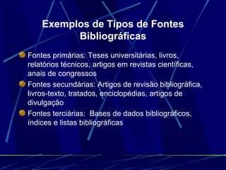 Exemplos de Tipos de Fontes Bibliográficas Fontes primárias: Teses universitárias, livros, relatórios técnicos, artigos em revistas científicas, anais de congressos   Fontes secundárias: Artigos de revisão bibliográfica, livros-texto, tratados, enciclopédias, artigos de divulgação   Fontes terciárias:  Bases de dados bibliográficos, índices e listas bibliográficas 