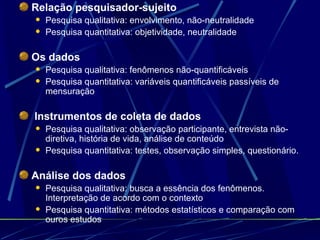 Relação pesquisador-sujeito Pesquisa qualitativa: envolvimento, não-neutralidade Pesquisa quantitativa: objetividade, neutralidade Os dados Pesquisa qualitativa: fenômenos não-quantificáveis Pesquisa quantitativa: variáveis quantificáveis passíveis de mensuração Instrumentos de coleta de dados Pesquisa qualitativa: observação participante, entrevista não-diretiva, história de vida, análise de conteúdo Pesquisa quantitativa: testes, observação simples, questionário. Análise dos dados Pesquisa qualitativa: busca a essência dos fenômenos. Interpretação de acordo com o contexto Pesquisa quantitativa: métodos estatísticos e comparação com ouros estudos 