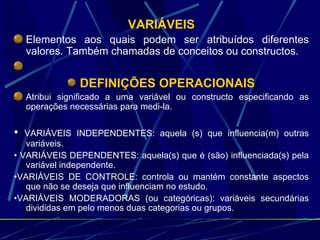 VARIÁVEIS Elementos aos quais podem ser atribuídos diferentes valores. Também chamadas de conceitos ou constructos.   DEFINIÇÕES OPERACIONAIS Atribui significado a uma variável ou constructo especificando as operações necessárias para medi-la. •  VARIÁVEIS INDEPENDENTES: aquela (s) que influencia(m) outras variáveis. •  VARIÁVEIS DEPENDENTES: aquela(s) que é (são) influenciada(s) pela variável independente. • VARIÁVEIS DE CONTROLE: controla ou mantém constante aspectos que não se deseja que influenciam no estudo.  • VARIÁVEIS MODERADORAS (ou categóricas): variáveis secundárias divididas em pelo menos duas categorias ou grupos. 