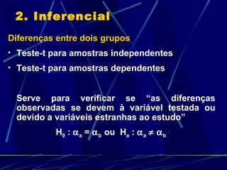 2. Inferencial Diferenças entre dois grupos  Teste-t para amostras independentes Teste-t para amostras dependentes Serve para verificar se “as diferenças observadas se devem à variável testada ou devido a variáveis estranhas ao estudo”  H 0  :   a  =   b  ou  H a  :   a       b  