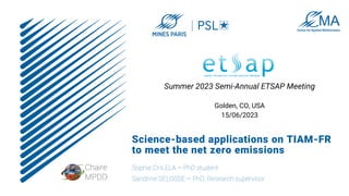 Science-based applications on TIAM-FR
to meet the net zero emissions
Sophie CHLELA – PhD student
Sandrine SELOSSE – PhD, Research supervisor
Summer 2023 Semi-Annual ETSAP Meeting
Golden, CO, USA
15/06/2023
 