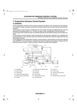 EMISSION CONTROL (AUX. EMISSION CONTROL DEVICES)
EVAPORATIVE EMISSION CONTROL SYSTEM
EC(H4SO)-11
7. Evaporative Emission Control System
A: GENERAL
The evaporative emission control system prevents fuel vapors from escaping into atmosphere.
This system includes a canister, purge control solenoid valve, fuel cut valve, and the lines connect-
ing them.
Fuel vapors in the fuel tank is introduced into the canister through the evaporation line, and are
absorbed by activated carbon in it. The fuel cut valve is also incorporated in the fuel tank line.
The purge control solenoid valve is controlled optimally by the ECM according to the engine con-
dition.
The pressure control solenoid valve incorporated in the fuel tank evaporation line regulates the
pressure/vacuum in the fuel tank under the control of the ECM which uses the signal from the fuel
tank pressure sensor.
The diagnosis of the evaporative emission control system is performed by turning each solenoid
valve ON/OFF to vary the pressure inside the fuel tank and measure this pressure change with the
fuel tank pressure sensor in order to check for leaks and proper valve operation.
(1) Fuel gauge (7) Pressure control solenoid valve (13) Fuel tank
(2) Intake manifold (8) Drain valve (14) Fuel cut valve
(3) Throttle body (9) Drain filter (15) Fuel tank pressure sensor
(4) Purge control solenoid valve (10) Shut-off valve (16) Vent valve
(5) Engine control module (ECM) (11) Fuel temperature sensor (17) Fuel tank sensor control valve
(6) Canister (12) Fuel level sensor
(1)
(2) (3)
(4)
(5)
(6)(7)
(8)(9)(11)
(10)
(12)(13)
(14) (16)
(15)
(17)
EC-00021
W1860BE.book Page 11 Tuesday, January 28, 2003 11:01 PM
 