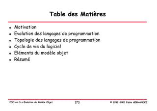 Table des Matières

   Motivation
   Evolution des langages de programmation
   Topologie des langages de programmation
   Cycle de vie du logiciel
   Eléments du modèle objet
   Résumé




POO en C++:Evolution du Modèle Objet     173          © 1997-2003 Fabio HERNANDEZ
 
