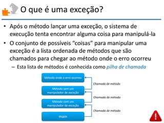 O que é uma exceção? 
•Após o método lançar uma exceção, o sistema de execução tenta encontrar alguma coisa para manipulá-la 
•O conjunto de possíveis “coisas” para manipular uma exceção é a lista ordenada de métodos que são chamados para chegar ao método onde o erro ocorreu 
–Esta lista de métodos é conhecida como pilha de chamada 
main 
Método com um manipulador de exceção 
Método sem um manipulador de exceção 
Método onde o erro ocorreu 
Chamada de método 
Chamada de método 
Chamada de método  