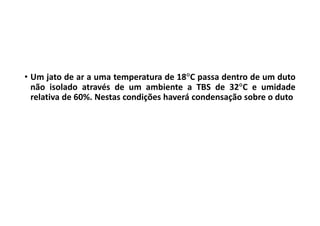 • Um jato de ar a uma temperatura de 18C passa dentro de um duto
não isolado através de um ambiente a TBS de 32C e umidade
relativa de 60%. Nestas condições haverá condensação sobre o duto
 