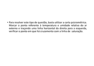 • Para resolver este tipo de questão, basta utilizar a carta psicrométrica.
Marcar o ponto referente à temperatura e umidade relativa do ar
externo e traçando uma linha horizontal da direita para a esquerda,
verificar o ponto em que há cruzamento com a linha de saturação.
 