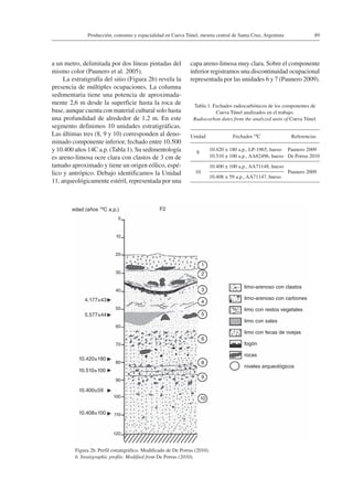 89Producción, consumo y espacialidad en Cueva Túnel, meseta central de Santa Cruz, Argentina
Figura 2b. Perfil estratigráfico. Modificado de De Porras (2010).
b. Stratigraphic profile. Modified from De Porras (2010).
a un metro, delimitada por dos líneas pintadas del
mismo color (Paunero et al. 2005).
La estratigrafía del sitio (Figura 2b) revela la
presencia de múltiples ocupaciones. La columna
sedimentaria tiene una potencia de aproximada-
mente 2,6 m desde la superficie hasta la roca de
base, aunque cuenta con material cultural solo hasta
una profundidad de alrededor de 1,2 m. En este
segmento definimos 10 unidades estratigráficas.
Las últimas tres (8, 9 y 10) corresponden al deno-
minado componente inferior, fechado entre 10.500
y 10.400 años 14C a.p. (Tabla 1). Su sedimentología
es areno-limosa ocre clara con clastos de 3 cm de
tamaño aproximado y tiene un origen eólico, espé-
lico y antrópico. Debajo identificamos la Unidad
11, arqueológicamente estéril, representada por una
capa areno-limosa muy clara. Sobre el componente
inferior registramos una discontinuidad ocupacional
representada por las unidades 6 y 7 (Paunero 2009).
Tabla 1. Fechados radiocarbónicos de los componentes de
Cueva Túnel analizados en el trabajo.
Radiocarbon dates from the analyzed units of Cueva Túnel.
Unidad Fechados 14C Referencias
8
10.420 ± 180 a.p., LP-1965, hueso Paunero 2009
10.510 ± 100 a.p., AA82496, hueso De Porras 2010
10
10.400 ± 100 a.p., AA71148, hueso
Paunero 2009
10.408 ± 59 a.p., AA71147, hueso
limo-arenoso con clastos
limo-arenoso con carbones
limo con restos vegetales
limo con sales
limo con fecas de ovejas
fogón
rocas
niveles arqueológicos
4.177±43
F2
1
2
3
4
5
6
8
9
10
0
10
20
30
40
50
60
70
80
90
100
110
120
5.577±44
10.420±180
10.510±100
10.400±59
10.408±100
edad (años 14C a.p.)
 