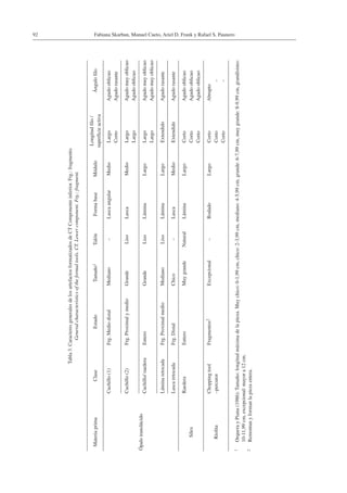 Fabiana Skarbun, Manuel Cueto, Ariel D. Frank y Rafael S. Paunero92
Tabla 3.CaracteresgeneralesdelosartefactosformatizadosdeCTComponenteinferior.Frg.:fragmento.
Generalcharacteristicsoftheformaltools.CT.Lowercomponent.Frg.:fragment.
MateriaprimaClaseEstadoTamaño1TalónFormabaseMódulo
Longitudfilo/
superficieactiva
Ángulofilo
Ópalotranslúcido
Cuchillo(1)Frg.MediodistalMediano–LascaangularMedioLargo
Corto
Agudooblicuo
Agudorasante
Cuchillo(2)Frg.ProximalymedioGrandeLisoLascaMedioLargo
Largo
Agudomuyoblicuo
Agudooblicuo
Cuchillo/raederaEnteroGrandeLisoLáminaLargoLargo
Largo
Agudomuyoblicuo
Agudomuyoblicuo
LáminaretocadaFrg.ProximalmedioMedianoLisoLáminaLargoExtendidoAgudorasante
LascaretocadaFrg.DistalChico–LascaMedioExtendidoAgudorasante
Sílex
RaederaEnteroMuygrandeNaturalLáminaLargoCorto
Corto
Corto
Agudooblicuo
Agudooblicuo
Agudooblicuo
Riolita
Choppingtool
–percutor
Fragmentos2Excepcional–RodadoLargoCorto
Corto
Corto
Abrupto
–
–
1OrquerayPiana(1986):Tamaño:longitudmáximadelapieza.Muychico:0-1,99 cm,chico:2-3,99 cm,mediano:4-5,99 cm,grande:6-7,99 cm,muygrande:8-9,99 cm,grandísimo:
10-11,99 cm,excepcional:mayora12 cm.
2Remontanyformanlapiezaentera.
 