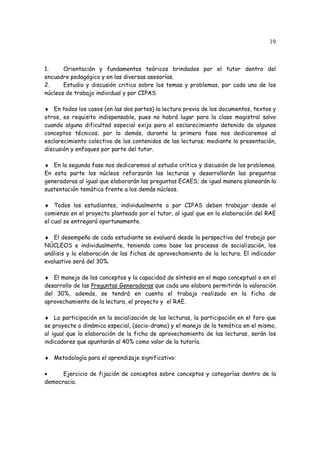 19
1. Orientación y fundamentos teóricos brindados por el tutor dentro del
encuadre pedagógico y en las diversas asesorías.
2. Estudio y discusión critica sobre los temas y problemas, por cada uno de los
núcleos de trabajo individual y por CIPAS.
♦ En todos los casos (en las dos partes) la lectura previa de los documentos, textos y
otros, es requisito indispensable, pues no habrá lugar para la clase magistral salvo
cuando alguna dificultad especial exija para el esclarecimiento detenido de algunos
conceptos técnicos; por lo demás, durante la primera fase nos dedicaremos al
esclarecimiento colectivo de los contenidos de las lecturas; mediante la presentación,
discusión y enfoques por parte del tutor.
♦ En la segunda fase nos dedicaremos al estudio crítico y discusión de los problemas.
En esta parte los núcleos reforzarán las lecturas y desarrollarán las preguntas
generadoras al igual que elaborarán las preguntas ECAES; de igual manera planearán la
sustentación temática frente a los demás núcleos.
♦ Todos los estudiantes, individualmente o por CIPAS deben trabajar desde el
comienzo en el proyecto planteado por el tutor, al igual que en la elaboración del RAE
el cual se entregará oportunamente.
♦ El desempeño de cada estudiante se evaluará desde la perspectiva del trabajo por
NÚCLEOS e individualmente, teniendo como base los procesos de socialización, los
análisis y la elaboración de las fichas de aprovechamiento de la lectura. El indicador
evaluativo será del 30%.
♦ El manejo de los conceptos y la capacidad de síntesis en el mapa conceptual o en el
desarrollo de las Preguntas Generadoras que cada uno elabora permitirán la valoración
del 30%, además, se tendrá en cuenta el trabajo realizado en la ficha de
aprovechamiento de la lectura, el proyecto y el RAE.
♦ La participación en la socialización de las lecturas, la participación en el foro que
se proyecte o dinámica especial, (socio-drama) y el manejo de la temática en el mismo,
al igual que la elaboración de la ficha de aprovechamiento de las lecturas, serán los
indicadores que apuntarán al 40% como valor de la tutoría.
♦ Metodología para el aprendizaje significativo:
• Ejercicio de fijación de conceptos sobre conceptos y categorías dentro de la
democracia.
 