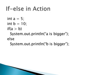 int a = 5;int b = 10;if(a > b)System.out.println(“a is bigger”);elseSystem.out.println(“b is bigger”);If-else in Action