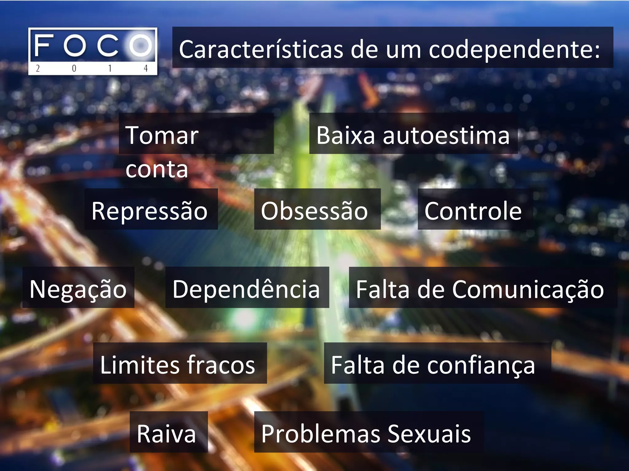 Características de um codependente:
Tomar
conta
Baixa autoestima
Repressão Obsessão Controle
Negação Dependência Falta de Comunicação
Limites fracos Falta de confiança
Raiva Problemas Sexuais
 