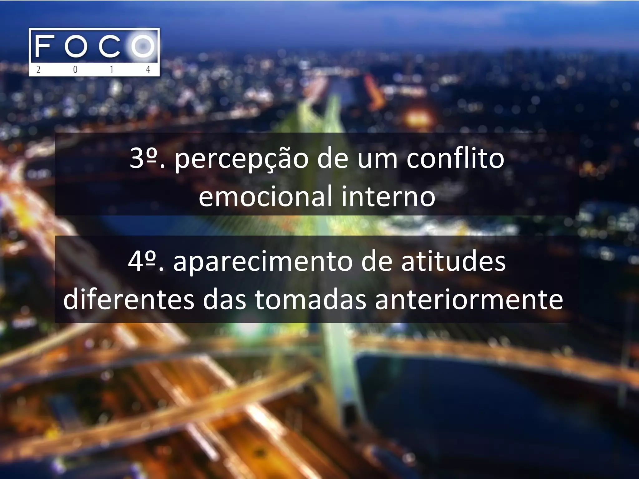 3º. percepção de um conflito
emocional interno
4º. aparecimento de atitudes
diferentes das tomadas anteriormente
 