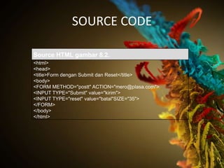 SOURCE CODE

Source HTML gambar 8.2.
<html>
<head>
<title>Form dengan Submit dan Reset</title>
<body>
<FORM METHOD="postt" ACTION="mero@plasa.com">
<INPUT TYPE="Submit" value="kirim">
<INPUT TYPE="reset" value="batal"SIZE="35">
</FORM>
</body>
</html>
 
