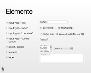 Elemente
input type=”text”

input type=”radio”

input type=”checkbox”

input type=”submit”
button

select / option

textarea

label
 