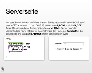 Serverseite
Auf dem Server werden die Werte je nach Sende-Methode in einem POST oder
einem GET Array ankommen. Bei PHP ist dies das $_POST und das $_GET
Array. Die Indizes dieser Arrays bilden die name Attribute der Formular-
Elemente. Das name Attribut ist also im Prinzip der Name der Variabel für die
Serverseite und das value Attribut enthält den Variabeln-Wert.

Array(

    [username] => max
    [hobbies] => Array(
       [kino] => true
    )

)
 