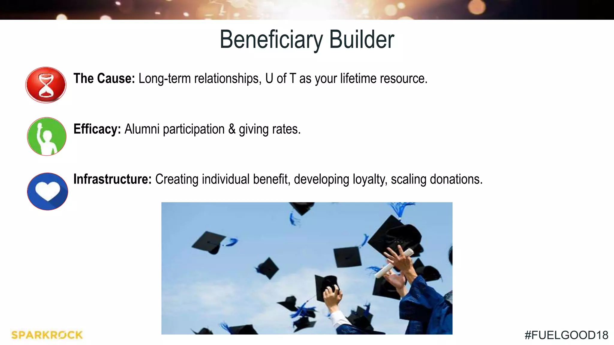 #FUELGOOD18
Beneficiary Builder
The Cause: Long-term relationships, U of T as your lifetime resource.
Efficacy: Alumni participation & giving rates.
Infrastructure: Creating individual benefit, developing loyalty, scaling donations.
 