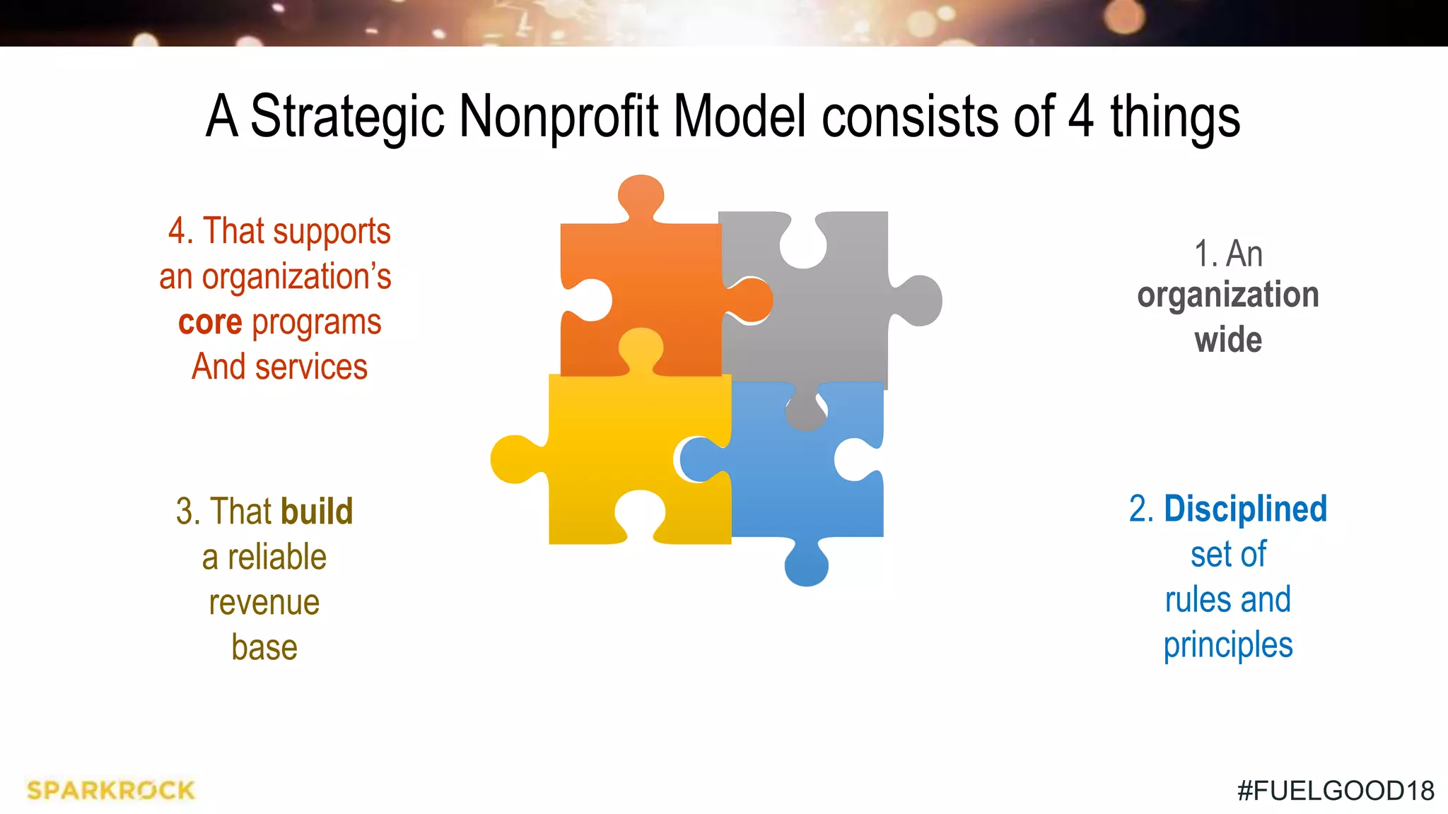 #FUELGOOD18
1. An
organization
wide
2. Disciplined
set of
rules and
principles
3. That build
a reliable
revenue
base
4. That supports
an organization’s
core programs
And services
A Strategic Nonprofit Model consists of 4 things
 