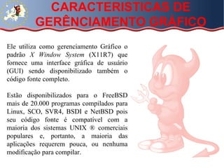 CARACTERISTICAS DE GERÊNCIAMENTO GRÁFICO Ele utiliza como gerenciamento Gráfico o padrão  X Window System  (X11R7) que fornece uma interface gráfica de usuário (GUI) sendo disponibilizado também o código fonte completo.  Estão disponibilizados para o FreeBSD mais de 20.000  programas compilados para Linux, SCO, SVR4, BSDI e NetBSD pois seu código fonte é compatível com a maioria dos sistemas UNIX ® comerciais populares e, portanto, a maioria das aplicações requerem pouca, ou nenhuma modificação para compilar. 