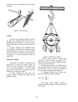 7-30
separar-se uma tora de madeira com um sistema
de polias.
Figura 7-32 Uma cunha.
A polia
As polias são máquinas simples na forma
de uma roda, montada sobre um eixo fixo e
apoiada por uma cobertura. A roda, ou disco,
tem normalmente um sulco para acomodar uma
corda.
A roda é algumas vezes conhecida como
uma "roldana". A cobertura que suporta a roda é
chamada de bloco. O bloco e os eixos formam
um par de blocos. Cada bloco contém uma ou
mais polias, e a corda conectando as polias de
cada bloco.
Polias fixas simples
Uma polia fixa simples é realmente uma
alavanca de 1ª classe com braços iguais. Os
braços "EF e FR" na figura 7-33 são iguais; por
isso, a vantagem mecânica é 1. Logo, a força
para puxar a corda, deve ser igual ao peso do
objeto que está sendo levantado.
A única vantagem de uma polia fixa
simples é mudar a direção do esforço ou do
puxão da corda.
Figura 7-33 Polia fixa, simples.
A polia simples pode ser usada para
aumentar a força exercida. Na figura 7-34 a
polia não está fixa e a corda é dobrada, porque
suporta o peso de 200 libras.
Usando desta maneira, um simples bloco
pode levantar 200 libras de peso com um puxão
de 100 libras, uma vez que cada metade da
corda carrega a metade do total da carga.
A vantagem mecânica é de 2 (dois), que
pode ser verificada usando a fórmula:
MA
R
E
200
100
2= = =
Uma polia móvel simples, usada na
maneira mostrada na figura 7-34 é uma alavanca
de 2ª classe.
 