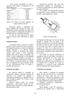 7-44
Uma grande quantidade de calor é
necessária para mudar a temperatura de um
grande lago ou rio.
Material Calor específico
Mercurio.....................
Cobre..........................
Ferro e aço..................
Vidro..........................
Álcool.........................
Água...........................
0,033
0,095
0,113
0,200
0,500
1,000
Figura 7-42 Valores do calor específico de
alguns materiais comuns.
Entretanto, quando a temperatura cai,
abaixo daquela das porções de água, elas
desprendem grandes quantidades de calor. Este
processo preserva a temperatura atmosférica na
superfície da terra, das rápidas variações.
O valor do calor específico de alguns
materiais comuns estão relacionados na figura
7-42.
Expansão térmica
A expansão térmica acontece nos sólidos,
líquidos e gases quando eles estão aquecidos.
Com algumas exceções, os sólidos se expandem
quando aquecidos e se contraem quando
esfriados. Devido as moléculas dos sólidos
estarem muito juntas e serem fortemente
atraídas umas com as outras, a expansão, dos
sólidos é muito insignificante em comparação
com a expansão dos líquidos e dos gases. A
expansão dos fluidos foi discutida no estudo da
lei de Boyle. A expansão térmica nos sólidos
deve ser explanada em alguns detalhes devido
ao seu relacionamento com os metais e
materiais das aeronaves.
Expansão nos sólidos
Os materiais sólidos se expandem no
comprimento, largura e espessura, quando são
aquecidos. Um exemplo da expansão e
contração das substâncias, é o aparelho bola e o
anel, ilustrado na figura 7-43. A bola e o anel
são feitos de ferro.
Quando ambos estão na mesma
temperatura, a bola desliza através do anel.
Quando a bola é aquecida ou o anel resfriado, a
bola não passa no anel.
Experiências mostram que, para uma
determinada mudança de temperatura, a
variação do comprimento ou volume é diferente
para cada substância.
Por exemplo, uma determinada mudança
na temperatura, causa a dilatação de uma peça
de cobre, aproximadamente o dobro
Figura 7-43 Bola e anel.
da expansão de uma peça de vidro do mesmo
tamanho e formato. Por esta razão, o fio
condutor do interior de uma válvula eletrônica
não pode ser feito de cobre, mas deve ser feito
de um metal que tenha a mesma razão de
expansão do vidro. Se o metal não tiver a
mesma razão de expansão, haverá uma perda do
vácuo devido a entrada de ar pelo espaço entre o
fio e o vidro.
Em virtude de algumas substâncias se
expandirem mais do que outras é necessário a
medição experimental da exata razão de
expansão de cada uma. A quantidade de
unidades de comprimento de uma substância, ao
se expandir com o aumento de 1 grau na
temperatura, é conhecida como coeficiente
linear de expansão, para aquela substância.
Coeficientes de expansão
Para calcular a expansão de qualquer
objeto, tal como um trilho de aço, é necessário
conhecer três coisas sobre ele; isto é, seu
comprimento, a elevação de temperatura a que
ele está sujeito, e seu coeficiente de expansão.
Este relacionamento é expresso pela equação:
Expansão = coeficiente x comprimento x
elevação da temperatura
e = KL (t2 - t1)
Nesta equação, a letra “K” representa o
coeficiente de expansão para a determinada
 