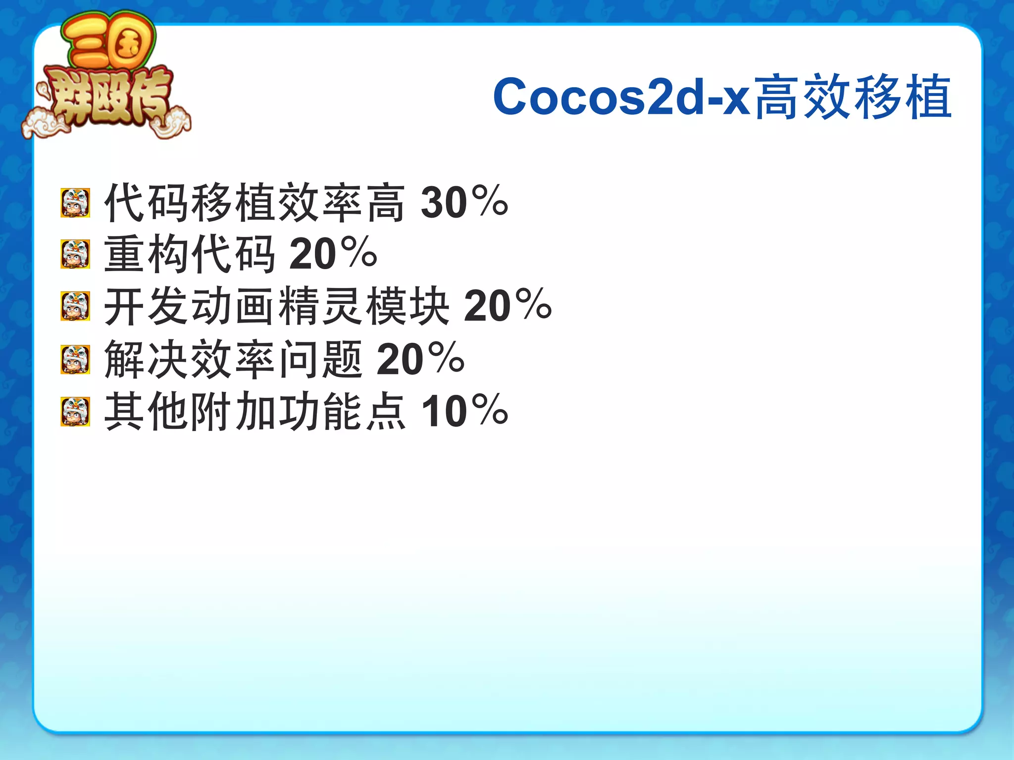 Cocos2d-x高效移植

!     代码移植效率高 30％
!     重构代码 20％
!     开发动画精灵模块 20％
!     解决效率问题 20％
!     其他附加功能点 10％
 