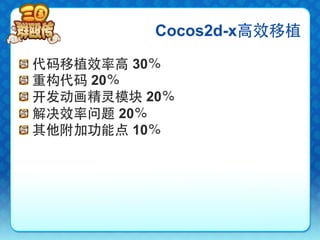 Cocos2d-x高效移植

!     代码移植效率高 30％
!     重构代码 20％
!     开发动画精灵模块 20％
!     解决效率问题 20％
!     其他附加功能点 10％
 