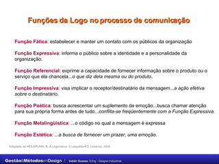 Funções da Logo no processo de comunicação   Adaptado de HEILBRUNN, B. A Logomarca, S.Leopoldo-RS, Unisinos, 2004 Função Fática : estabelecer e manter um contato com os públicos da organização Função Expressiva : informa o público sobre a identidade e a personalidade da organização. Função Referencial : exprime a capacidade de fornecer informação sobre o produto ou o serviço que ela chancela... o que diz dela mesma ou do produto . Função Impressiva : visa implicar o receptor/destinatário da mensagem... a ação efetiva sobre o destinatário . Função Poética : busca acrescentar um suplemento de emoção...busca chamar atenção para sua própria forma antes de tudo... conflita-se freqüentemente com a Função Expressiva. Função Metalingüistica : ...o código no qual a mensagem é expressa Função Estética : ... a busca de fornecer um prazer, uma emoção . 