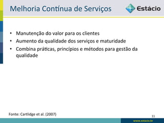 Melhoria	
  Conhnua	
  de	
  Serviços	
  

 •  Manutenção	
  do	
  valor	
  para	
  os	
  clientes	
  
 •  Aumento	
  da	
  qualidade	
  dos	
  serviços	
  e	
  maturidade	
  
 •  Combina	
  práLcas,	
  princípios	
  e	
  métodos	
  para	
  gestão	
  da	
  
    qualidade	
  




Fonte:	
  Cartlidge	
  et	
  al.	
  (2007)	
                                        11	
  
 