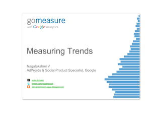 Measuring Trends
Nagalakshmi V
AdWords & Social Product Specialist, Google

   gplus.to/nags
   twitter.com/nagsthecook
   conversionroom-japac.blogspot.com
 