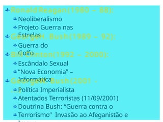  Ronald Reagan (1980 – 88):


Neoliberalismo
Projeto Guerra nas
Estrelas
 GeorgeH. Bush (1989 – 92):
 Guerra do
Golfo
 Bill Clinton(1992 – 2000):


Escândalo Sexual
“Nova Economia” –
Informática
 GeorgeW. Bush (2001 -
...)




Política Imperialista
Atentados Terroristas (11/09/2001)
Doutrina Bush: “Guerra contra o
Terrorismo” Invasão ao Afeganistão e
 