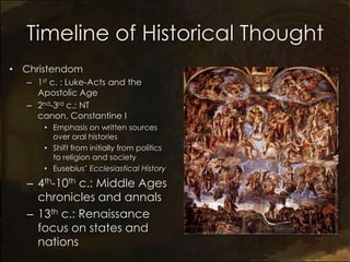 Timeline of Historical Thought
• Christendom
   – 1st c. : Luke-Acts and the
     Apostolic Age
   – 2nd-3rd c.: NT
     canon, Constantine I
       • Emphasis on written sources
         over oral histories
       • Shift from initially from politics
         to religion and society
       • Eusebius’ Ecclesiastical History

   – 4th-10th c.: Middle Ages
     chronicles and annals
   – 13th c.: Renaissance
     focus on states and
     nations
 