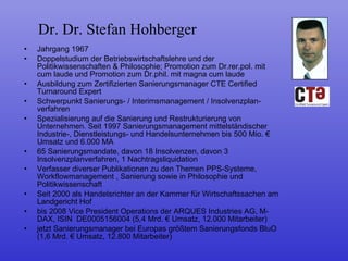 Dr. Dr. Stefan Hohberger Jahrgang 1967 Doppelstudium der Betriebswirtschaftslehre und der Politikwissenschaften & Philosophie; Promotion zum Dr.rer.pol. mit cum laude und Promotion zum Dr.phil. mit magna cum laude Ausbildung zum Zertifizierten Sanierungsmanager CTE Certified Turnaround Expert Schwerpunkt Sanierungs- / Interimsmanagement / Insolvenzplan-verfahren Spezialisierung auf die Sanierung und Restrukturierung von Unternehmen. Seit 1997 Sanierungsmanagement mittelständischer Industrie-, Dienstleistungs- und Handelsunternehmen bis 500 Mio. € Umsatz und 6.000 MA 65 Sanierungsmandate, davon 18 Insolvenzen, davon 3 Insolvenzplanverfahren, 1 Nachtragsliquidation Verfasser diverser Publikationen zu den Themen PPS-Systeme, Workflowmanagement , Sanierung sowie in Philosophie und Politikwissenschaft Seit 2000 als Handelsrichter an der Kammer für Wirtschaftssachen am Landgericht Hof bis 2008 Vice President Operations der ARQUES Industries AG, M-DAX, ISIN  DE0005156004 (5,4 Mrd. € Umsatz, 12.000 Mitarbeiter) jetzt Sanierungsmanager bei Europas größtem Sanierungsfonds BluO  (1,6 Mrd. € Umsatz, 12.800 Mitarbeiter) 