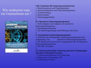 Wie strukturiert man ein Unternehmen um ? VIII. Gutachten für Sanierung und Insolvenz 1. Betriebsanalysen und Projektgutachten 2. Insolvenzgutachten und Überschuldungsstatus 3. Assetbewertung 4. Insolvenzplan 5. Sanierungsgutachten   IX. Operatives Sanierungsmanagement 1. Notwendigkeit und Aufgaben im operativen Sanierungsmanagement 2. Sanierungsinstrumente 3. Der Sanierungsmanager und Führung in der Krise   X. Strategisches Sanierungsmanagement 1. Definition des Strategischen Sanierungsmanagements und Abgrenzung vom  Operativen Sanierungsmanagement 2. Die Balanced-Scorecard als Ausgangspunkt des Strategisches Sanierungsmanagements 3. Der SEL-Navigator   XI. Softwareunterstützte Sanierung mit dem Crisismanager und dem Professional Treasury 1. Softwareunterstützung in der Sanierung 2. Inhalte des Crisismanager TM 3. Professional Treasury 