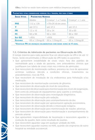 Obs.: Inclui-se neste item retorno com médico (impresso próprio).
Parâmetros vitais considerados normais pela triagem, por faixa etária:
Sinais Vitais Parâmetros Normais
Adulto Criança* 1 a 7 anos Criança* < 1 ano
PAS 112 a 128 >70+2X id em anos
T até 37,5 até 37,5 até 37,5
FR 12 a 16 20 a 34 30 a 60
FC 60 a 90 60 a 160 80 a 180
Sat O2
Glicemia
>95%
60 a 110mg/dl
>95%
60 a 110mg/dl
>95%
60 a 110mg/dl
*Verificar PA em crianças colaborativas com idade acima de 4 anos.
7.2. Critérios de Admissão de pacientes na Observação da UPA.
O tempo máximo para cada paciente ficar em observação na UPA é de até 12
horas. Serão encaminhados à Observação da UPA todos os pacientes:
•	 Que apresentem instabilidade de sinais vitais: fora dos padrões de
normalidade para a idade do paciente, sem antecedentes clínicos que
justifiquem (ver tabela de sinais vitais nos critérios de admissão).
•	 Que necessitem de monitoração cardíaca: presença ou risco de apresentar
arritmias cardíacas (devido a condições clínicas, tratamentos ou
procedimentos), risco de PCR.
•	 Que necessitem de instalação de via endovenosa para hidratação e/ou
medicação.
•	 Que necessitem de monitorização constante de glicemia.
•	 Que necessitem de observação do nível de consciência.
•	 Que necessitem de observação para monitorização dos níveis de oxigenação,
bem como da utilização de equipamentos para suporte à ventilação.
•	 Que necessitem de observação para investigação diagnóstica.
•	 Que necessitem de observação pós-sedação.
•	 Que necessitem de observação para acompanhamento da dor.
•	 Que necessitem de observação por apresentarem agitação psicomotora.
•	 Que necessitem de observação devido à intoxicação exógena.
•	 Que necessitem de observação para monitorização de reações adversas.
•	 Que necessitem de observação para monitorização e acompanhamento da
pressão arterial.
•	 Que apresentem impossibilidade de locomoção e necessitem aguardar a
evolução do quadro, bem como resultado de exames.
•	 Que necessitem aguardar vaga em qualquer unidade do HIAE.
•	 Que necessitem aguardar exames no HIAE, quando são originários de outro
hospital ou entidade assistencial.
 