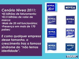 Cenário Nivea 2011:
•€5 bilhões de faturamento;
•€3,5 bilhões de valor de
marca;
•Mais de 20 mil funcionários;
•Presença em mais de 170
países;
E como qualquer empresa
desse tamanho, o
crescimento traz a famosa
síndrome do “não temos
identidade”.
 