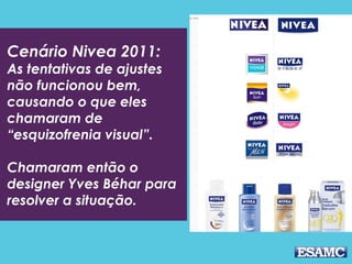 Cenário Nivea 2011:
As tentativas de ajustes
não funcionou bem,
causando o que eles
chamaram de
“esquizofrenia visual”.
Chamaram então o
designer Yves Béhar para
resolver a situação.
 