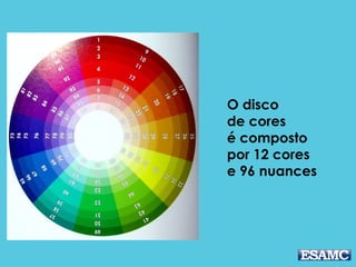 CÓDIGO CROMÁTICO
PRIMÁRIAS
O disco de cores
é composto por
12 cores
SECUNDÁRIAS
TERCEÁRIAS
 