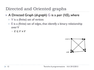 A.A. 2012/2013Tecniche di programmazione12
Directed and Oriented graphs
 A Directed Graph (di-graph) G is a pair (V,E), where
 V is a (finite) set of vertices
 E is a (finite) set of edges, that identify a binary relationship
overV
 𝐸 ⊆ 𝑉 × 𝑉
 