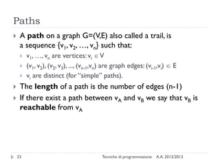 Paths
A.A. 2012/2013Tecniche di programmazione23
 A path on a graph G=(V,E) also called a trail, is
a sequence {v1, v2, …, vn} such that:
 v1, …, vn are vertices: vi V
 (v1, v2), (v2, v3), ..., (vn-1,vn) are graph edges: (vi-1,vi)  E
 vi are distinct (for “simple” paths).
 The length of a path is the number of edges (n-1)
 If there exist a path between vA and vB we say that vB is
reachable from vA
 