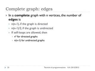 A.A. 2012/2013Tecniche di programmazione33
Complete graph: edges
 In a complete graph with n vertices, the number of
edges is
 n(n-1), if the graph is directed
 n(n-1)/2, if the graph is undirected
 If self-loops are allowed, then
 n2 for directed graphs
 n(n-1) for undirected graphs
 