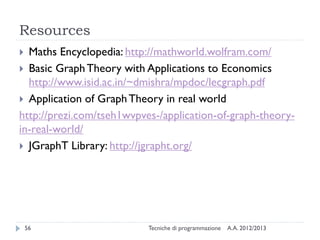 Resources
A.A. 2012/2013Tecniche di programmazione56
 Maths Encyclopedia: http://mathworld.wolfram.com/
 Basic GraphTheory with Applications to Economics
http://www.isid.ac.in/~dmishra/mpdoc/lecgraph.pdf
 Application of GraphTheory in real world
http://prezi.com/tseh1wvpves-/application-of-graph-theory-
in-real-world/
 JGraphT Library: http://jgrapht.org/
 