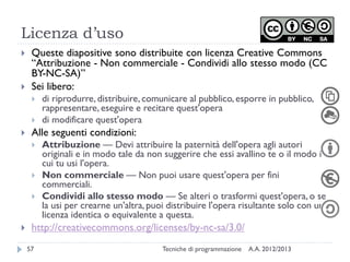 Licenza d’uso
A.A. 2012/2013Tecniche di programmazione57
 Queste diapositive sono distribuite con licenza Creative Commons
“Attribuzione - Non commerciale - Condividi allo stesso modo (CC
BY-NC-SA)”
 Sei libero:
 di riprodurre, distribuire, comunicare al pubblico, esporre in pubblico,
rappresentare, eseguire e recitare quest'opera
 di modificare quest'opera
 Alle seguenti condizioni:
 Attribuzione — Devi attribuire la paternità dell'opera agli autori
originali e in modo tale da non suggerire che essi avallino te o il modo in
cui tu usi l'opera.
 Non commerciale — Non puoi usare quest'opera per fini
commerciali.
 Condividi allo stesso modo — Se alteri o trasformi quest'opera, o se
la usi per crearne un'altra, puoi distribuire l'opera risultante solo con una
licenza identica o equivalente a questa.
 http://creativecommons.org/licenses/by-nc-sa/3.0/
 