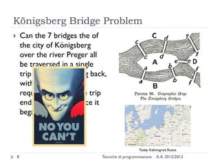 Königsberg Bridge Problem
A.A. 2012/2013Tecniche di programmazione8
 Can the 7 bridges the of
the city of Königsberg
over the river Preger all
be traversed in a single
trip without doubling back,
with the additional
requirement that the trip
ends in the same place it
began?
Today: Kaliningrad, Russia
 