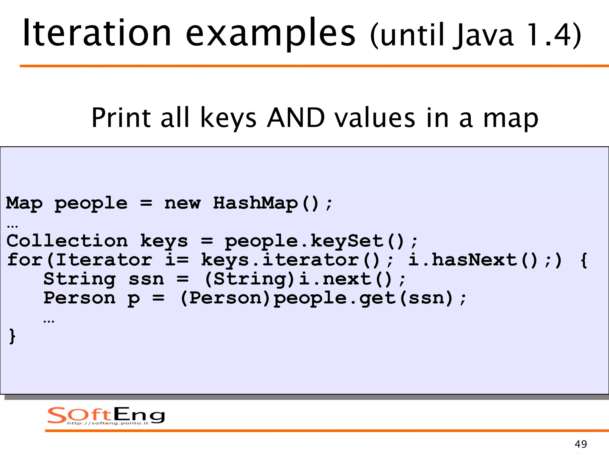 49
Iteration examples (until Java 1.4)
Map people = new HashMap();
…
Collection keys = people.keySet();
for(Iterator i= keys.iterator(); i.hasNext();) {
String ssn = (String)i.next();
Person p = (Person)people.get(ssn);
…
}
Print all keys AND values in a map
 