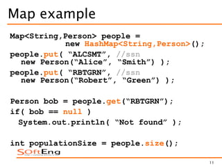 11
Map example
Map<String,Person> people =
new HashMap<String,Person>();
people.put( “ALCSMT”, //ssn
new Person(“Alice”, “Smith”) );
people.put( “RBTGRN”, //ssn
new Person(“Robert”, “Green”) );
Person bob = people.get(“RBTGRN”);
if( bob == null )
System.out.println( “Not found” );
int populationSize = people.size();
 